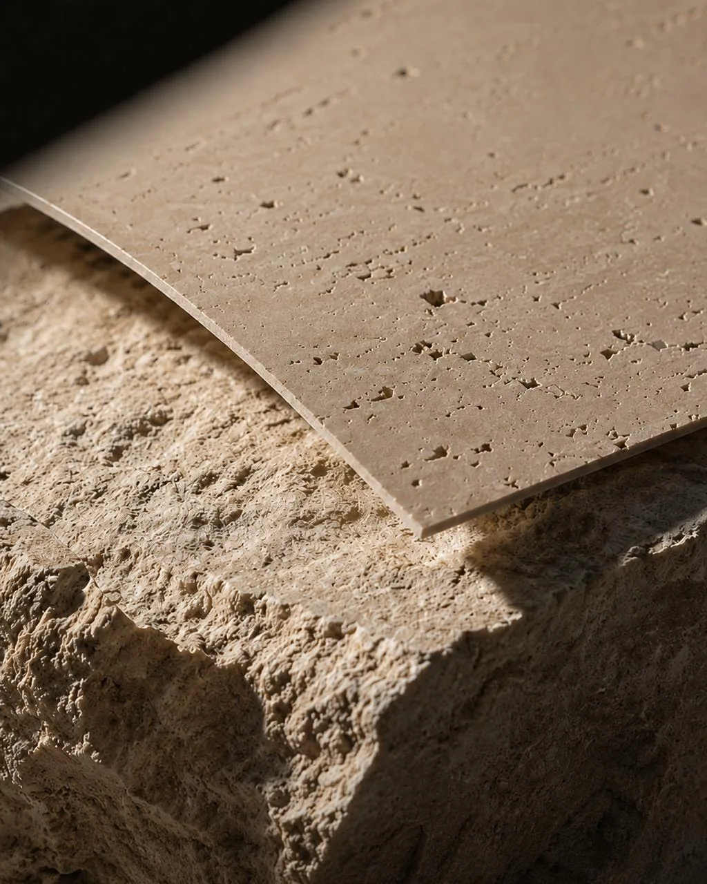 Un panel de piedra fino apoyado sobre un bloque de travertino en bruto bajo una luz rasante intensa