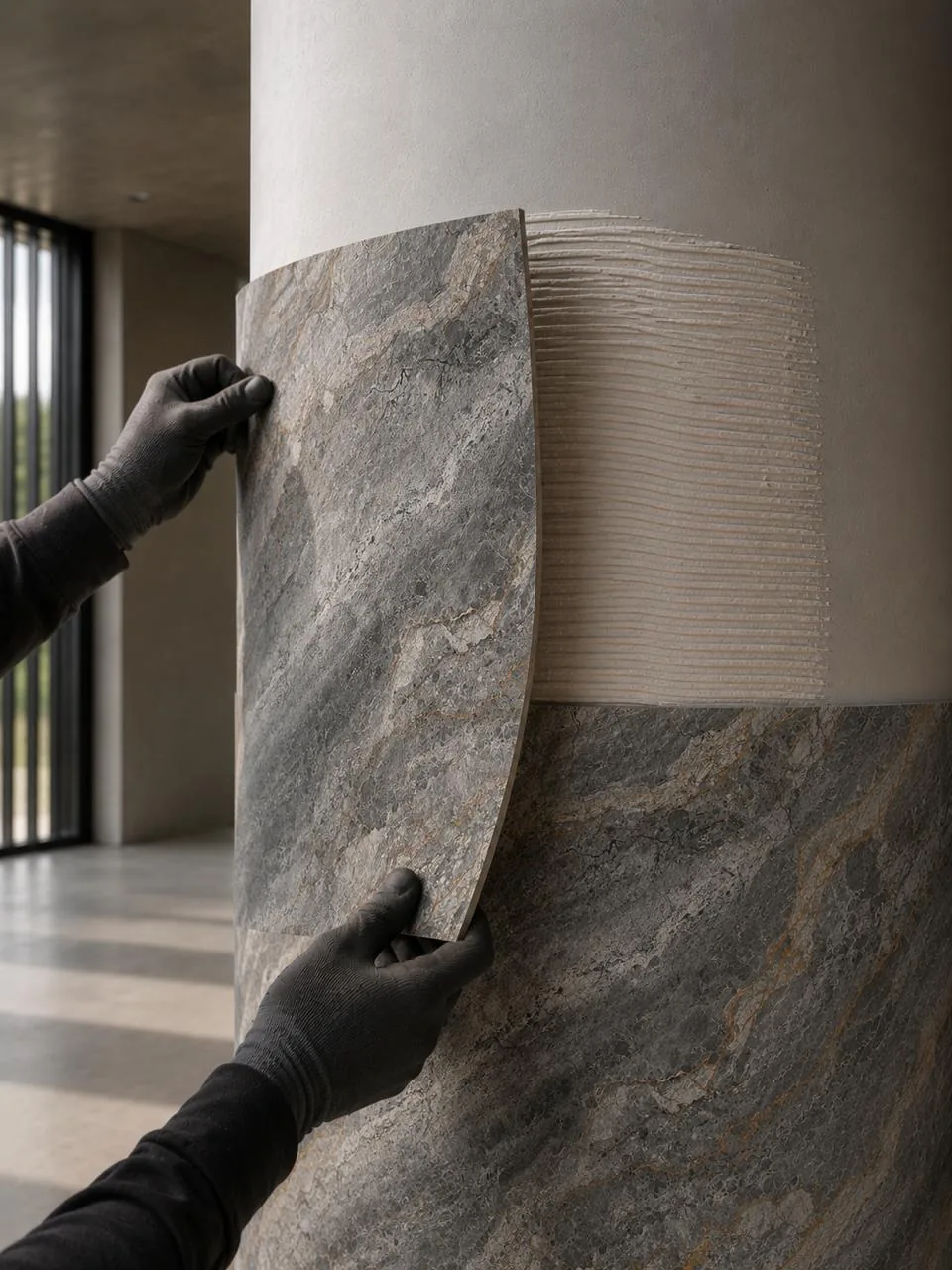 Manos envolviendo una columna arquitectónica redonda con un panel de piedra flexible